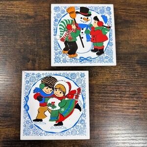 Vintage 70's Ceramic Trivet Set Christmas Snowman Skating Kitsch Winter Mid Tile